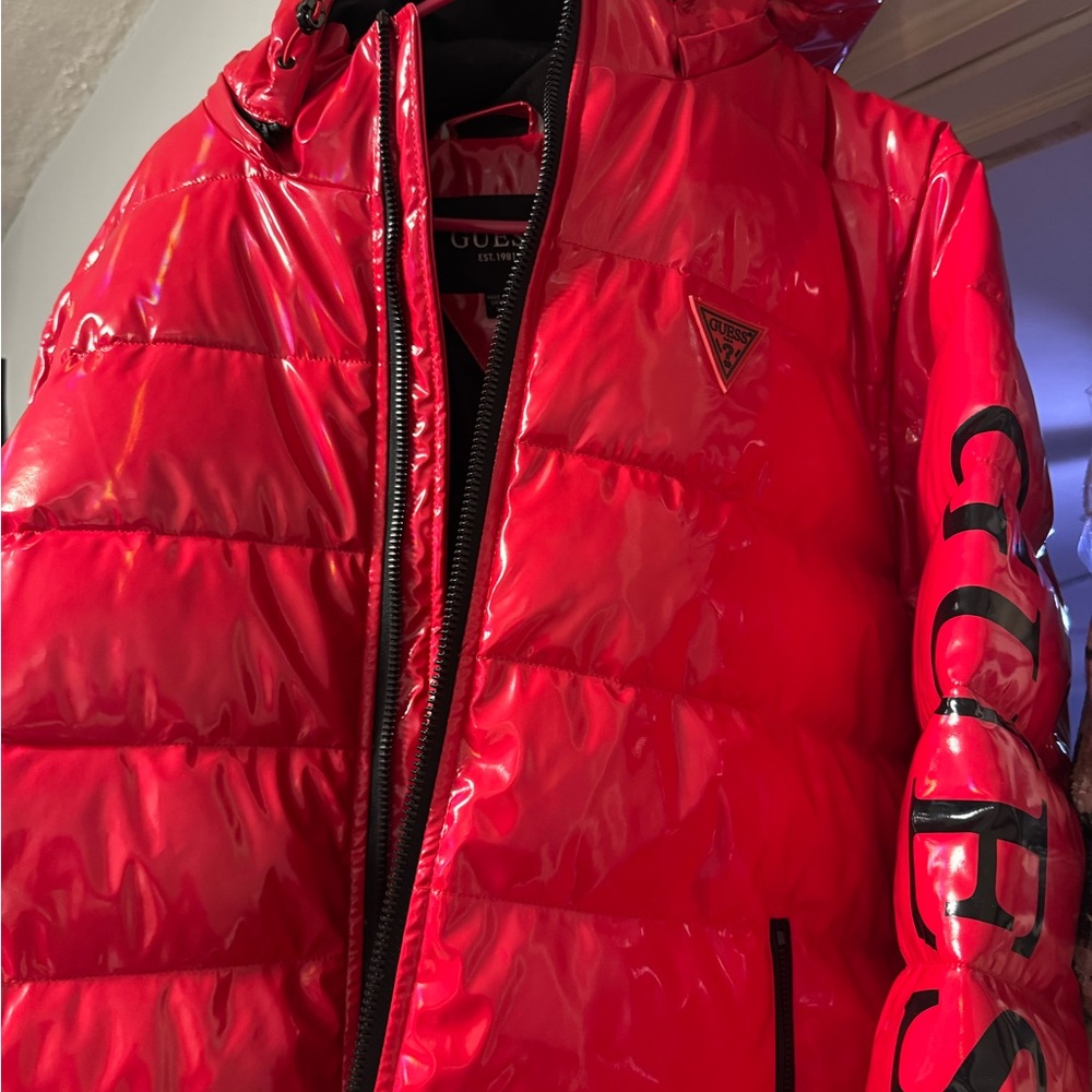 Guess Red Holographic Hooded Puffer Jacket